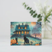 Zwarte kat, Jack O Lanterns, Spooky House Hallowee Feestdagenkaart (Staand voorkant)