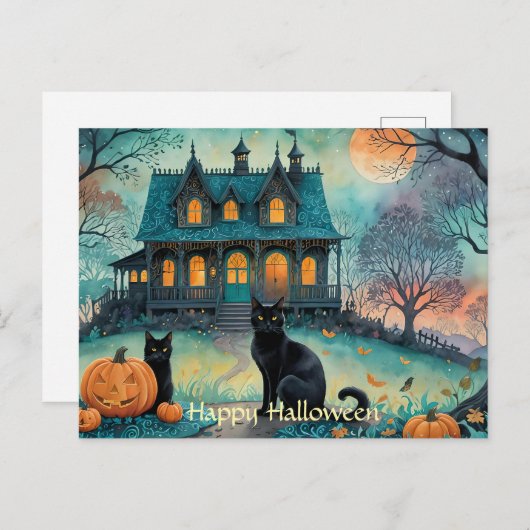 Zwarte kat, Jack O Lanterns, Spooky House Hallowee Feestdagenkaart (Voorkant / Achterkant)