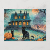Zwarte kat, Jack O Lanterns, Spooky House Hallowee Feestdagenkaart (Voorkant)