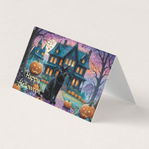 Zwarte kat, Jack O Lanterns, Spooky House Hallowee Kaart
