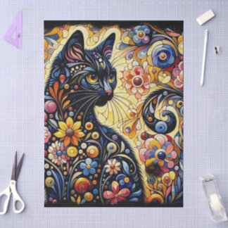 Zwarte Kat Kat Bloemen Whimsical Decoupage Tissuepapier