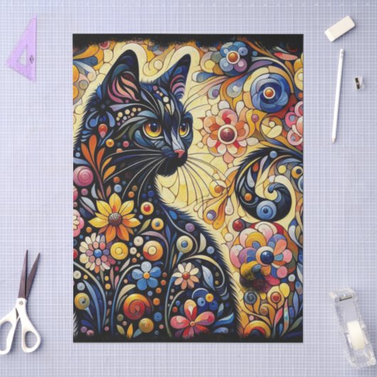 Zwarte Kat Kat Bloemen Whimsical Decoupage Tissuepapier (Craft)