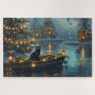 Zwarte Kat Kerst Feestelijke Reis Legpuzzel