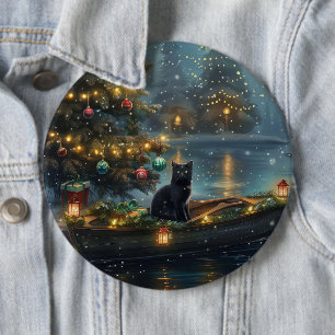 Zwarte Kat Kerst Feestelijke Reis Ronde Button 6,0 Cm