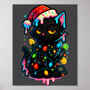 Zwarte Kat Kerst Ijs Drip Santa Hoed Cute Poster