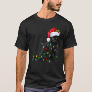 Zwarte Kat Kerst Licht Kerstman Hoed Kat Kerstmis  T-shirt