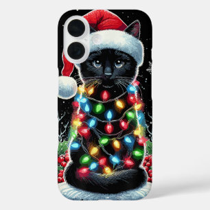 Zwarte Kat Kerst Santa Hoed Grappige Meowy Kat iPhone 16 Hoesje