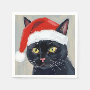 Zwarte Kat Kerst Schilderij Kerstman Hoed Servet