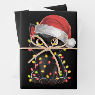 Zwarte Kat Kerstboom Lichtjes Grappige Kerstman Ki Inpakpapier Vel