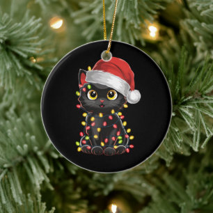 Zwarte Kat Kerstboom Lichtjes Grappige Kerstman Ki Keramisch Ornament