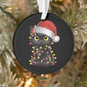 Zwarte Kat Kerstboom Lichtjes Grappige Kerstman Ki Ornament