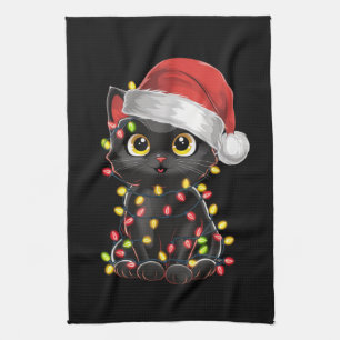 Zwarte Kat Kerstboom Lichtjes Grappige Kerstman Ki Theedoek