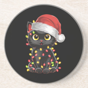 Zwarte Kat Kerstboom Lichtjes Grappige Kerstman Ki Zandsteen Onderzetter