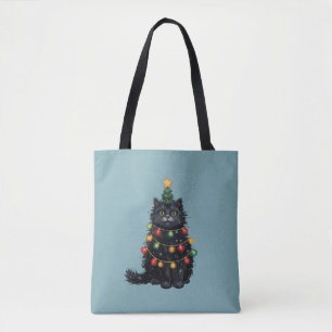 Zwarte Kat Kerstboom Olie Schilderij Gewijzigd  Draagtas