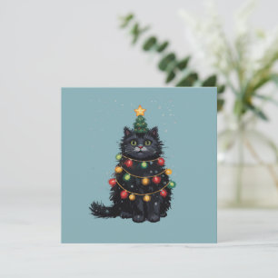 Zwarte Kat Kerstboom Olie Schilderij Gewijzigd Feestdagenkaart