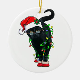 Zwarte kat-kerstkerstkerstkerstman in de gaten keramisch ornament