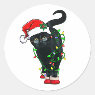 Zwarte kat-kerstkerstkerstkerstman in de gaten ronde sticker