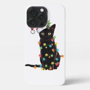 Zwarte kat-kerstkerstkerstman met schuine streep iPhone 13 pro hoesje
