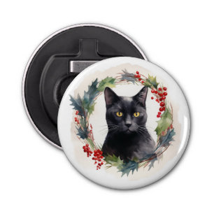 Zwarte Kat Kerstkrans Feestelijke Kitten Button Flesopener