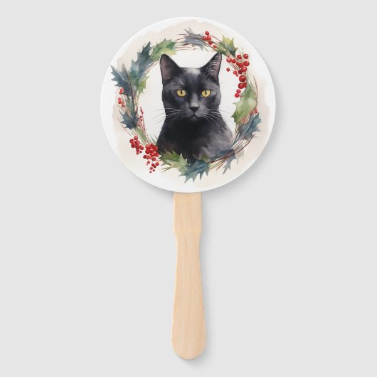 Zwarte Kat Kerstkrans Feestelijke Kitten Handwaaier (Voorkant)