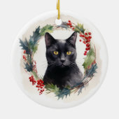 Zwarte Kat Kerstkrans Feestelijke Kitten Keramisch Ornament (Achterkant)
