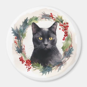 Zwarte Kat Kerstkrans Feestelijke Kitten Magneet