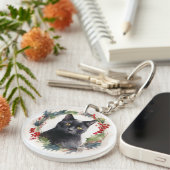 Zwarte Kat Kerstkrans Feestelijke Kitten Sleutelhanger (Voorkant Rechts)