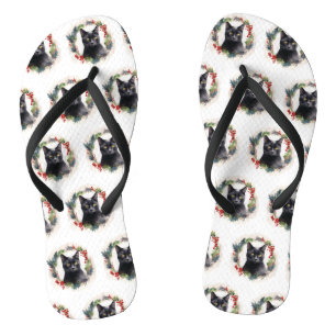 Zwarte Kat Kerstkrans Feestelijke Kitten Teenslippers