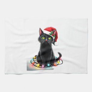 Zwarte Kat Kerstlichtjes Kerstman Hoed Grappig Ker Theedoek
