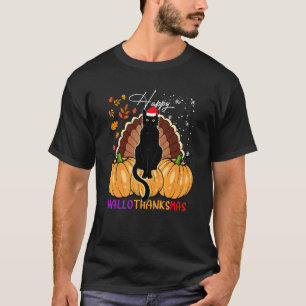 Zwarte Kat Kerstman Hoed Gelukkig Hallothanksmas P T-shirt