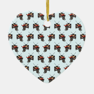 Zwarte Kat Kerstman Hoed Kijkend naar TV Retro Vin Keramisch Ornament