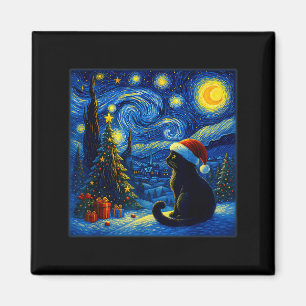 Zwarte Kat Kerstman Hoed Van Gogh Sterrennacht Ker Magneet