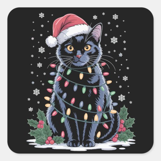 Zwarte Kat Kerstmis Kerstman Hoed Grappige Meowing Vierkante Sticker (Voorkant)