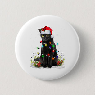 Zwarte Kat Kerstmis Kerstmuts Grappige Meowy Katte Ronde Button 5,7 Cm