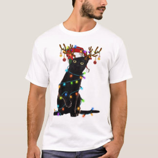 Zwarte Kat Kerstverlichting Fun Catliefhebber Kers T-shirt