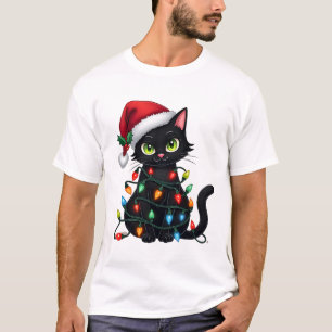 Zwarte Kat Kerstverlichting Kerstman Hoed Grappig  T-shirt