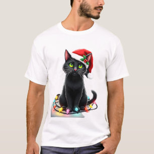 Zwarte Kat Kerstverlichting Kerstman Hoed Grappig  T-shirt