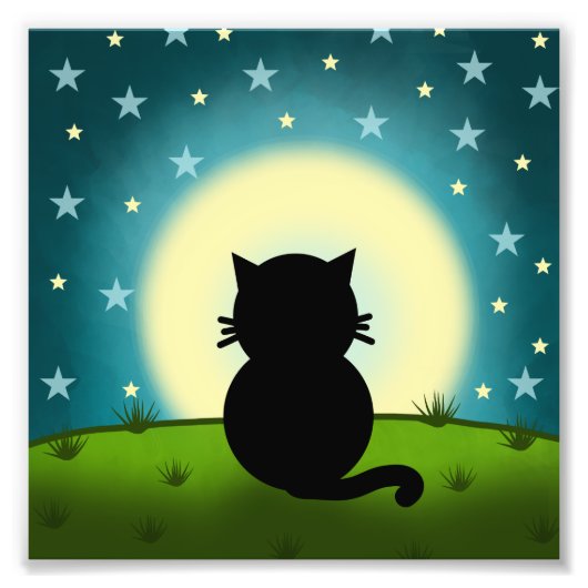 Zwarte Kat kijkt naar de Maan Foto Afdruk (Voorkant)