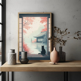 Zwarte kat kijkt naar Japanse herfst Zen Scene Art Poster