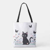 Zwarte kat kijkt naar vlinders draagtas (Achterkant)