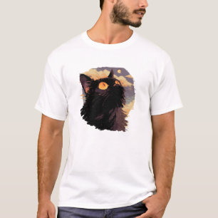 Zwarte kat kijkt op met mystieke nacht t-shirt