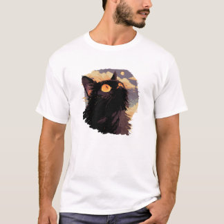 Zwarte kat kijkt op met mystieke nacht t-shirt