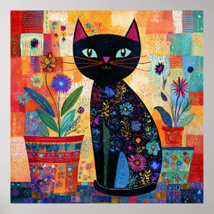 Zwarte Kat Kleurrijke en Whimsical Kunst, Poster