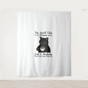 Zwarte kat koffie je ruikt naar drama en een hoofd wandkleed