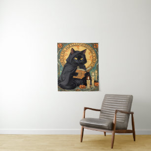 Zwarte Kat Leest Het Jack o'lantern Journaal Wandkleed