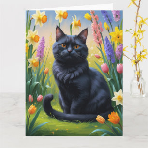 Zwarte kat lente bloemen schilderen kaart