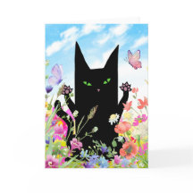Zwarte Kat Lente Wenskaart: Katje en Bloemen