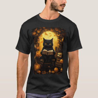 Zwarte kat lezen boeken pompoen herfst leraren ha t-shirt