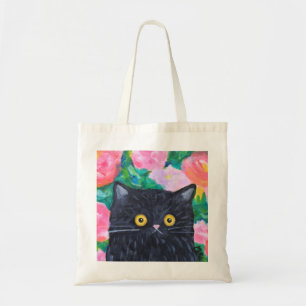 Zwarte Kat Liefhebber Schattigee Bloemen Kat Folk Tote Bag