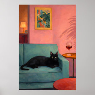 Zwarte Kat Lounge Poster, Gezellige Retro Woonkame Poster